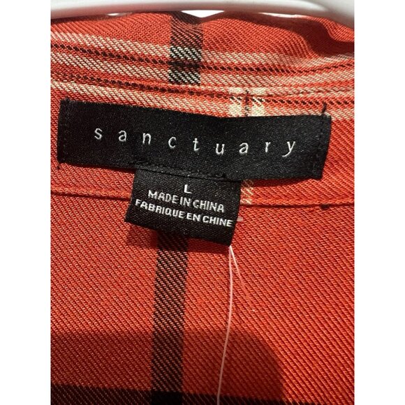 Sanctuary Women Large Plaid Orange Pocket Boyfriend Shirt Top Button NWT - Picture 5 of 10